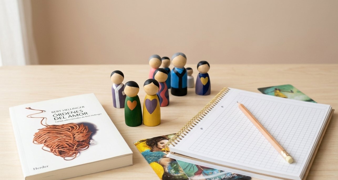 Figuras representantes, cuaderno de genograma, cartas proyectivas y bibliografía sistémica sobre una mesa de trabajo.